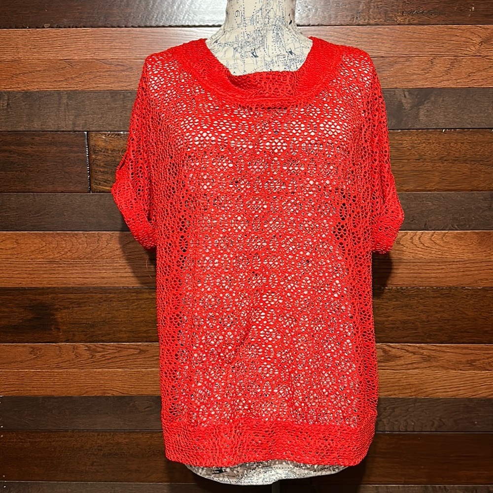 No Brand Tag Scoop Neck Short Sleeve Red Mesh Knit Top 2XL